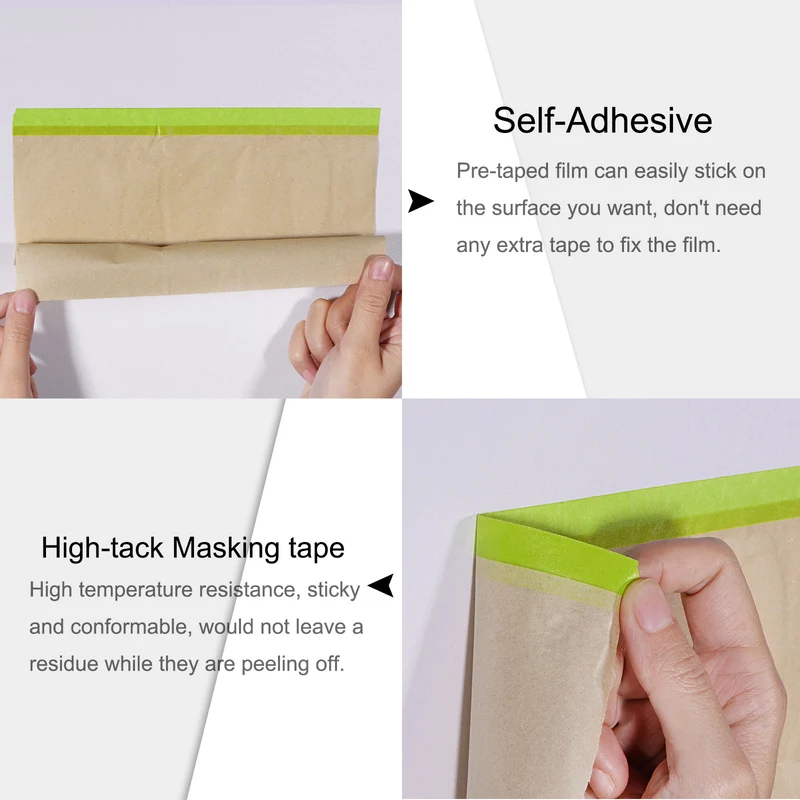 Pre-Taped Masking Paper 11.8" x 49ft Brown Paper High-Tack Tape 4pcs Green