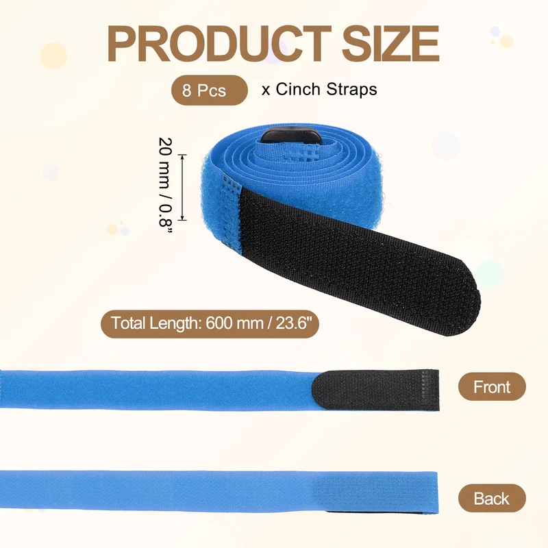 8Pcs 0.8"x23.6" Reusable Cinch Strap Hook and Loop Cable Securing Strap Blue