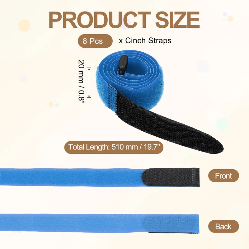 8Pcs 0.8"x19.7" Reusable Cinch Strap Hook and Loop Cable Securing Strap Blue