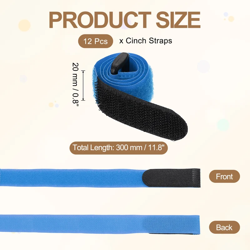 12Pcs 0.8"x11.8" Reusable Cinch Strap Hook and Loop Cable Securing Strap Blue