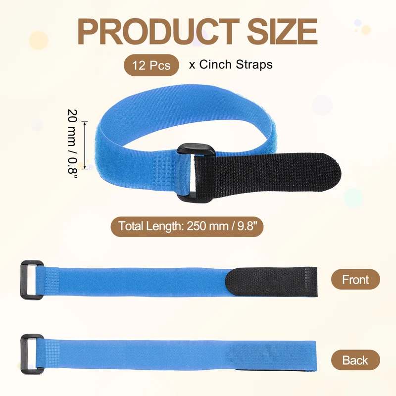 12Pcs 0.8"x9.8" Reusable Cinch Strap Hook and Loop Cable Securing Strap Blue