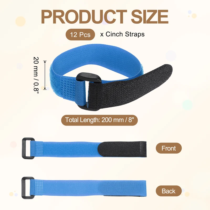 12Pcs 0.8"x8" Reusable Cinch Strap Hook and Loop Cable Securing Strap Blue