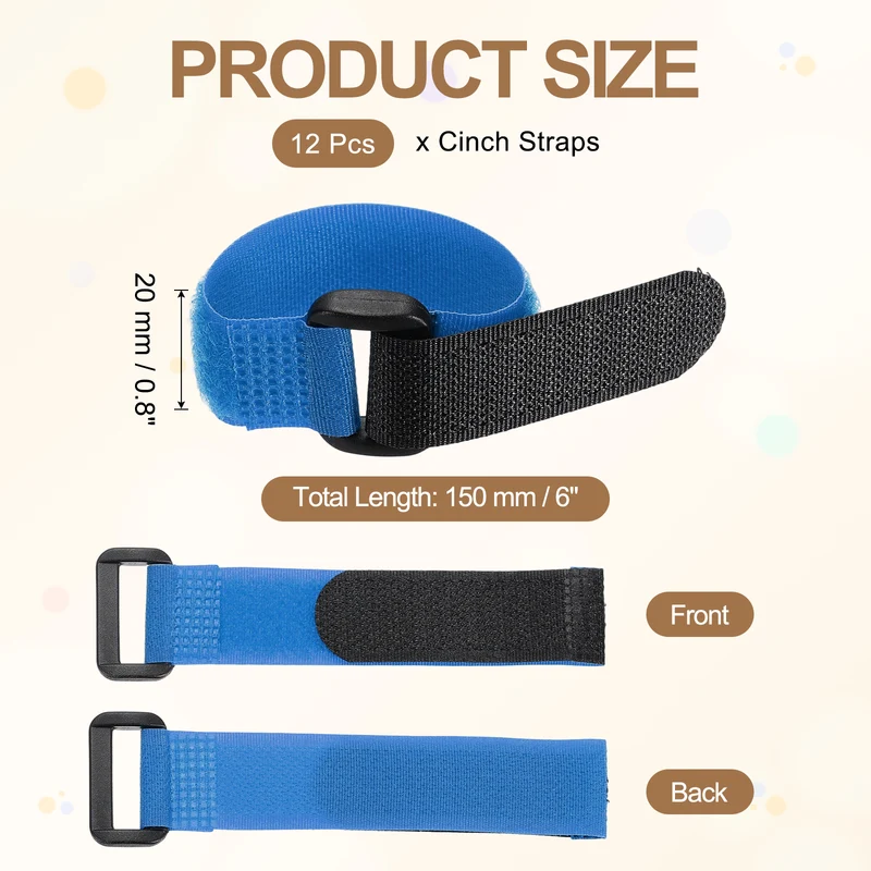 12Pcs 0.8"x6" Reusable Cinch Strap Hook and Loop Cable Securing Strap Blue