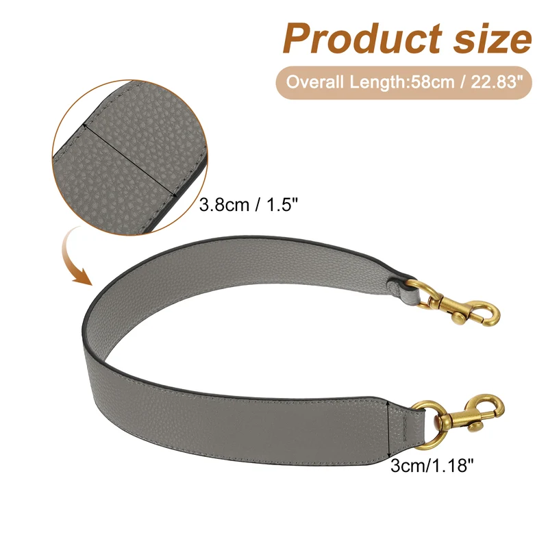 22.83" PU Leather Short Bag Strap with Clasp, Grey, Deep Gold Buckle
