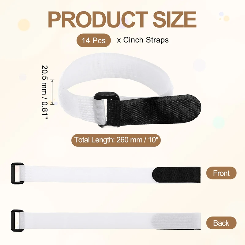 14pcs Reusable Cinch Strap 1.1"x10" Hook and Loop Cable Securing Strap White