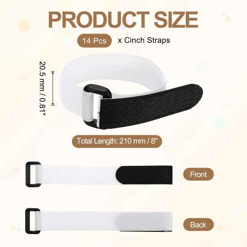 14pcs Reusable Cinch Strap 1.1"x8.3" Hook and Loop Cable Securing Strap White