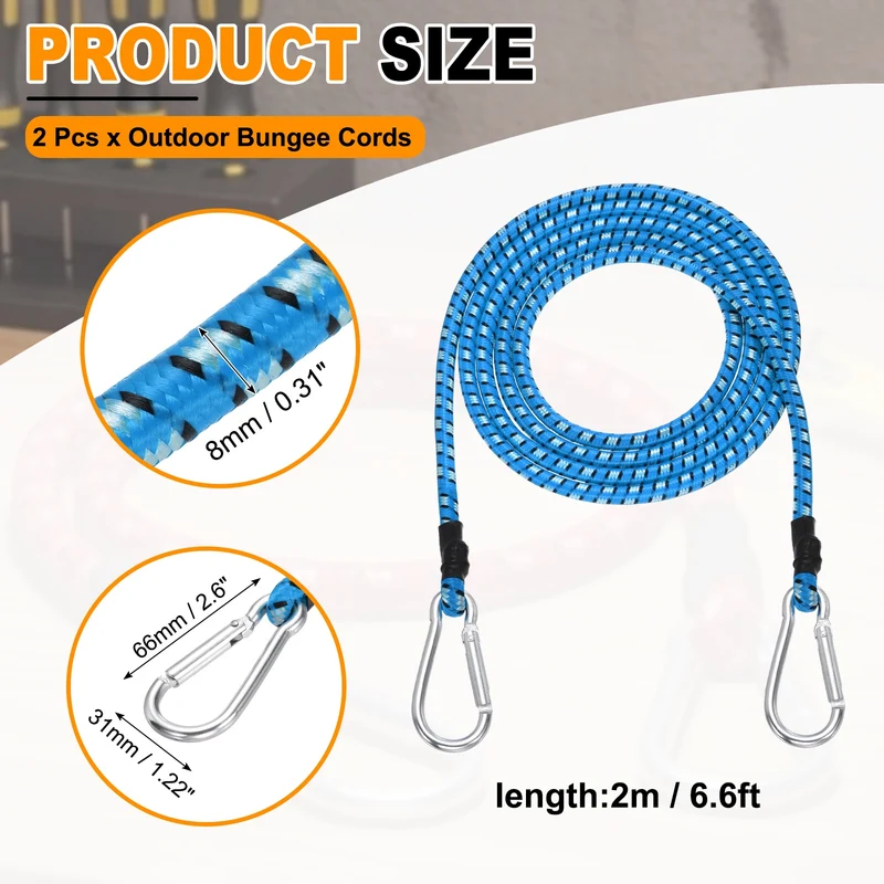2 Pcs 6.6ft Elastic Bungee Cords with Carabiners Outdoor Bungee Cords Blue