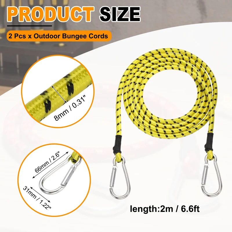 2 Pcs 6.6ft Elastic Bungee Cords with Carabiners Outdoor Bungee Cords Yellow