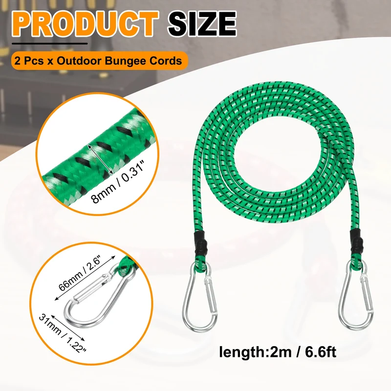 2 Pcs 6.6ft Elastic Bungee Cords with Carabiners Outdoor Bungee Cords Green