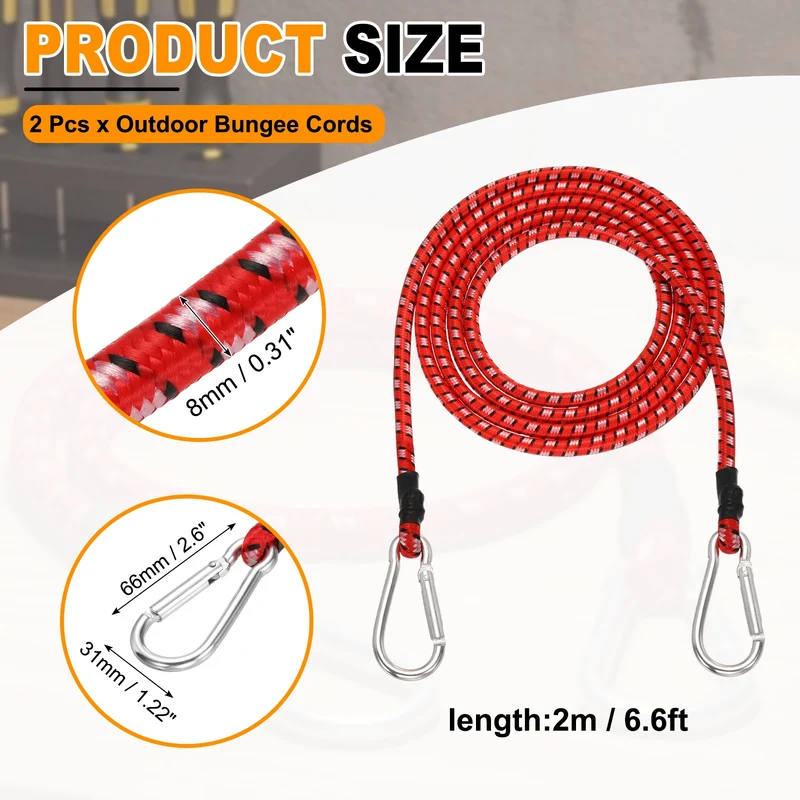 2 Pcs 6.6ft Elastic Bungee Cords with Carabiners Outdoor Bungee Cords Red