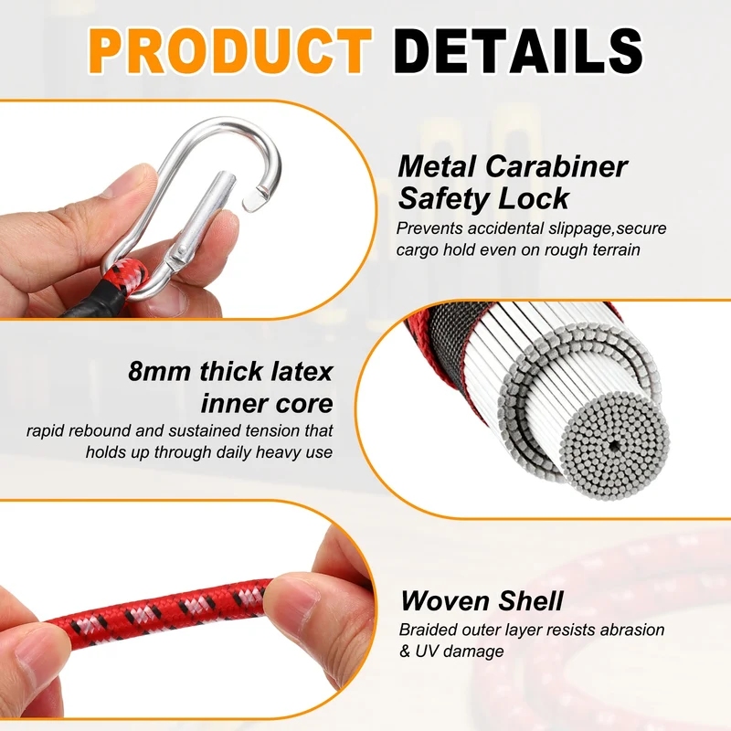 2 Pcs 6.6ft Elastic Bungee Cords with Carabiners Outdoor Bungee Cords Red