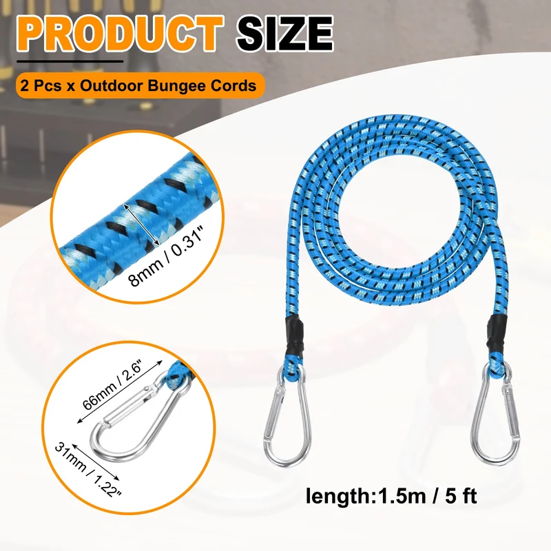 2 Pcs 5ft Elastic Bungee Cords with Carabiners Outdoor Bungee Cords Blue