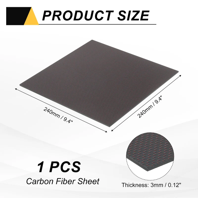 1 Pcs 3K Carbon Fiber Sheet 240x240x3mm Board with Red Metallic Threads