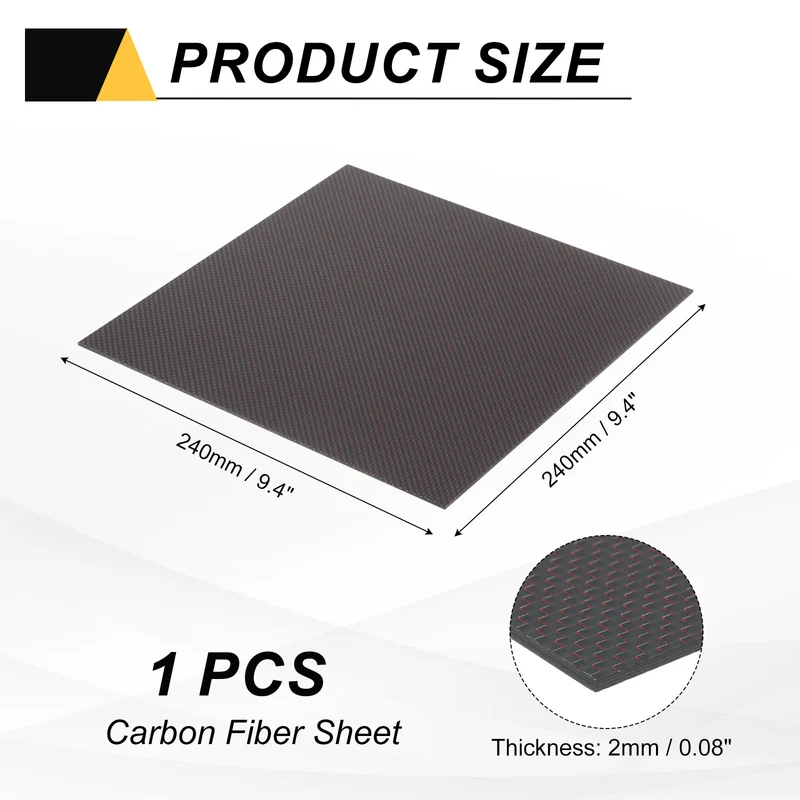 1 Pcs 3K Carbon Fiber Sheet 240x240x2mm Board with Red Metallic Threads