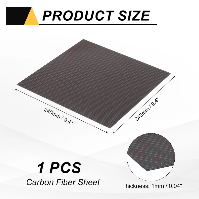 1 Pcs 3K Carbon Fiber Sheet 240x240x1mm Board with Red Metallic Threads