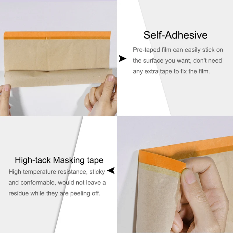 Pre-Taped Masking Paper 17.7" x 49ft Brown Paper High-Tack Tape 3pcs Orange