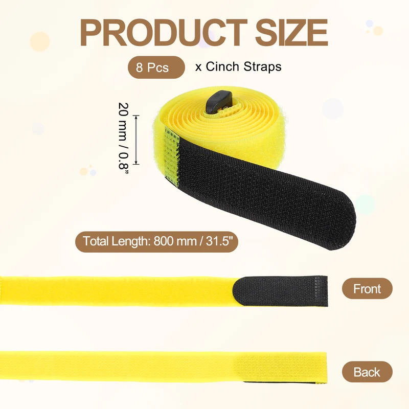 8Pcs 0.8"x31.5" Reusable Cinch Strap Hook and Loop Cable Securing Strap Yellow