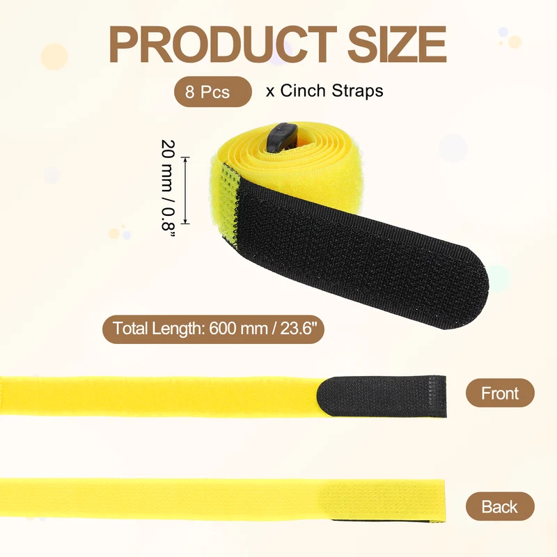 8Pcs 0.8"x23.6" Reusable Cinch Strap Hook and Loop Cable Securing Strap Yellow