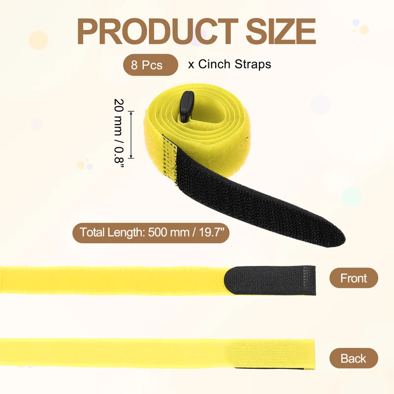 8Pcs 0.8"x19.7" Reusable Cinch Strap Hook and Loop Cable Securing Strap Yellow