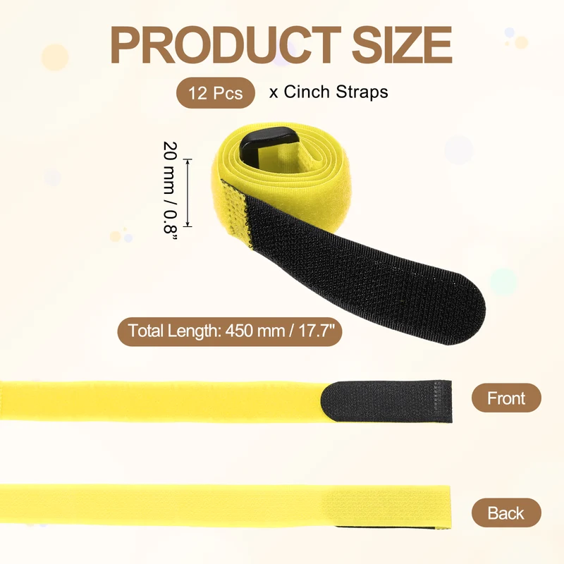 12Pcs 0.8"x17.7" Reusable Cinch Strap Hook and Loop Cable Securing Strap Yellow