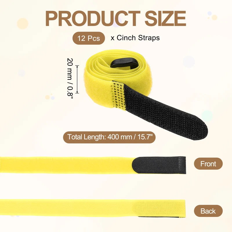 12Pcs 0.8"x15.7" Reusable Cinch Strap Hook and Loop Cable Securing Strap Yellow