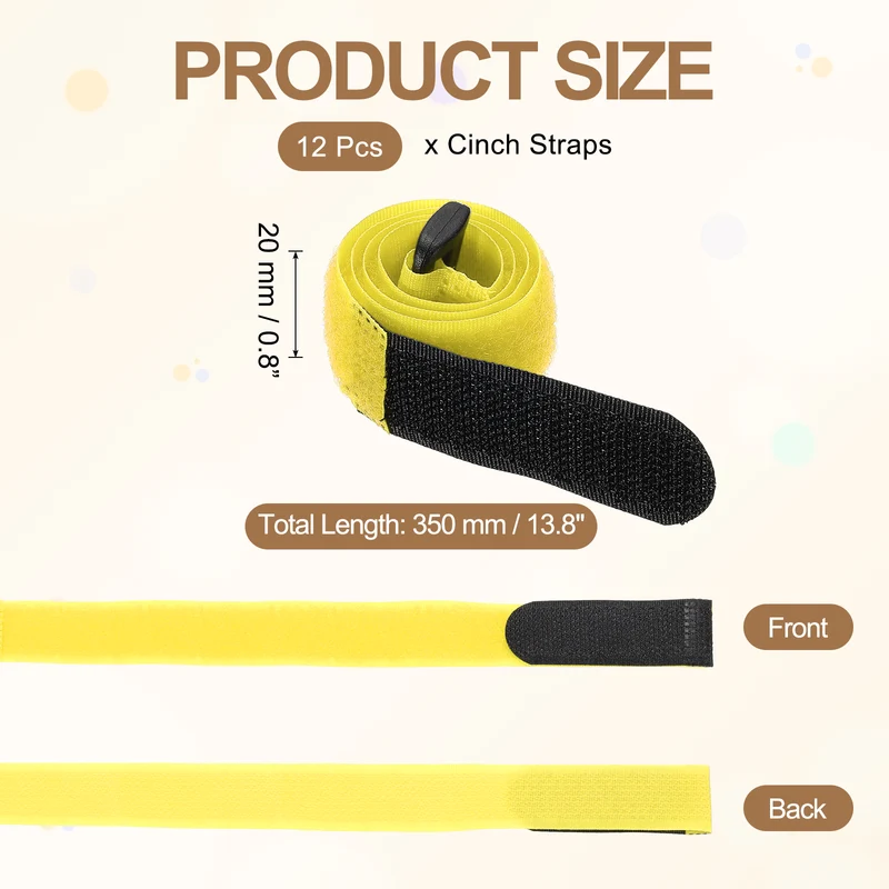 12Pcs 0.8"x13.8" Reusable Cinch Strap Hook and Loop Cable Securing Strap Yellow