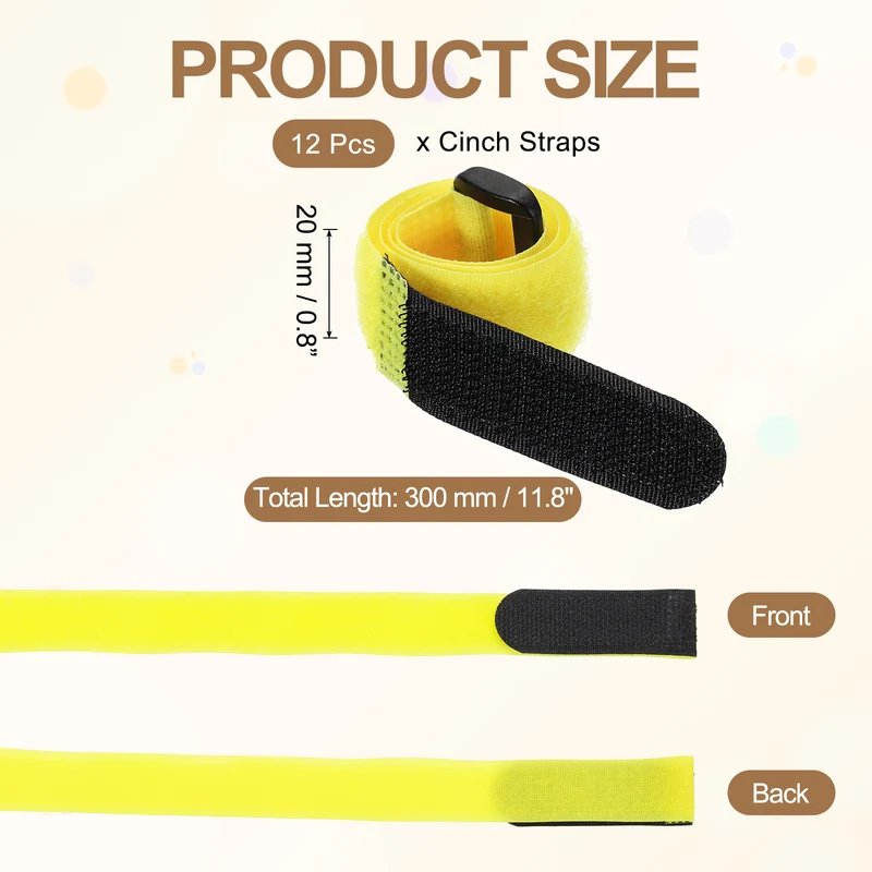 12Pcs 0.8"x11.8" Reusable Cinch Strap Hook and Loop Cable Securing Strap Yellow