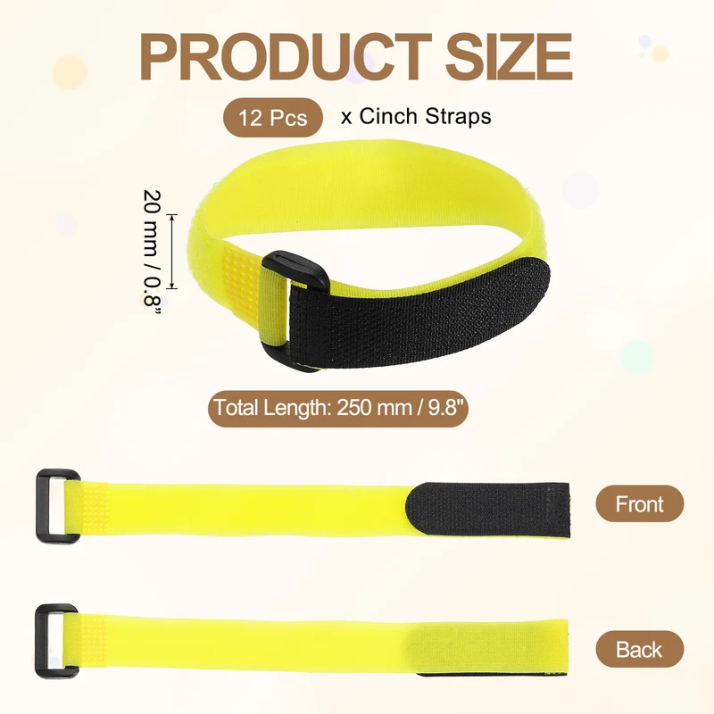 12Pcs 0.8"x9.8" Reusable Cinch Strap Hook and Loop Cable Securing Strap Yellow