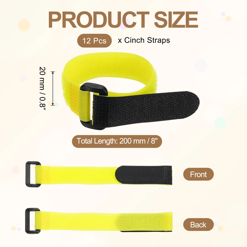 12Pcs 0.8"x8" Reusable Cinch Strap Hook and Loop Cable Securing Strap Yellow