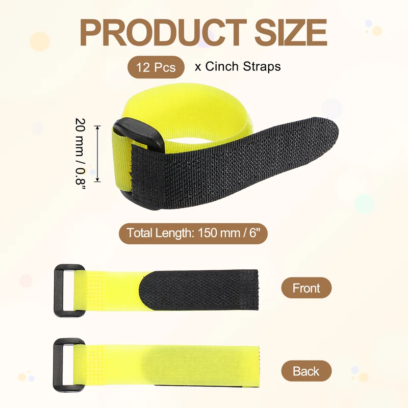 12Pcs 0.8"x6" Reusable Cinch Strap Hook and Loop Cable Securing Strap Yellow
