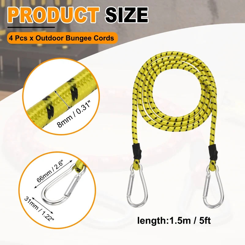 4 Pcs 5ft Elastic Bungee Cords with Carabiners Outdoor Bungee Cords Yellow
