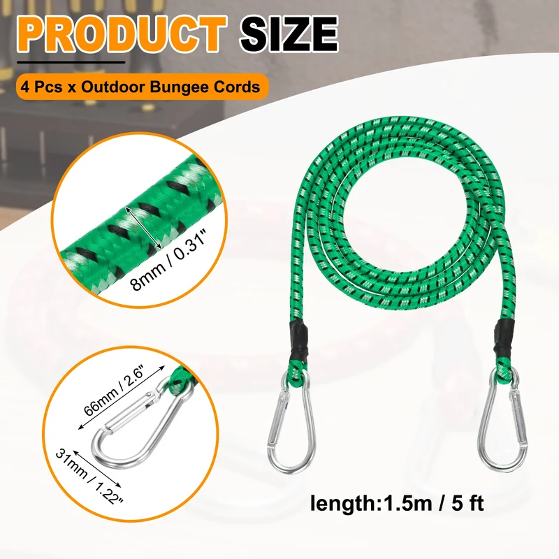 4 Pcs 5ft Elastic Bungee Cords with Carabiners Outdoor Bungee Cords Green