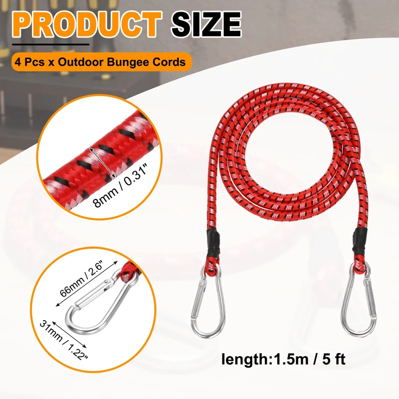 4 Pcs 5ft Elastic Bungee Cords with Carabiners Outdoor Bungee Cords Red