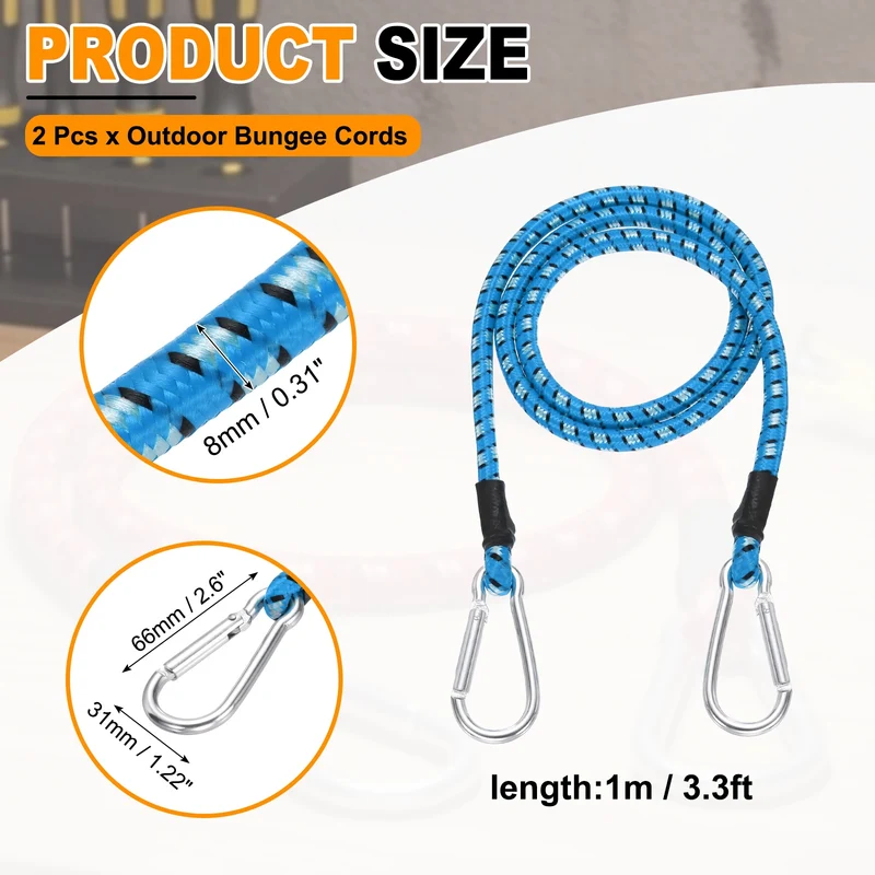 2 Pcs 3.3ft Elastic Bungee Cords with Carabiners Outdoor Bungee Cords Blue