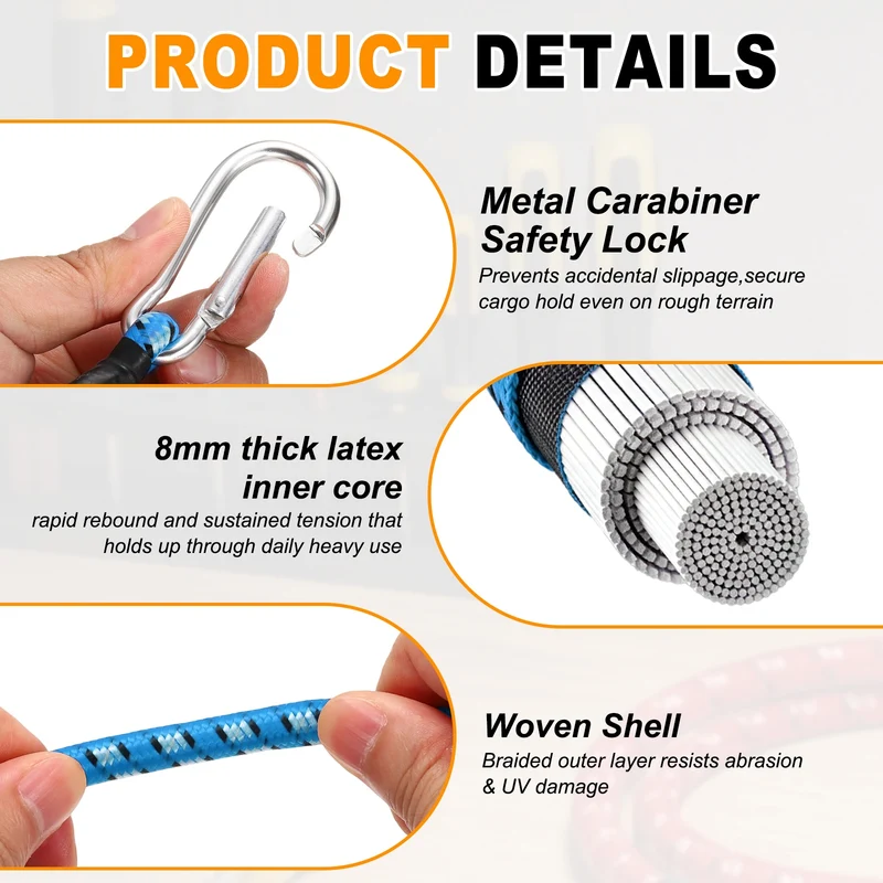 4 Pcs 3.3ft Elastic Bungee Cords with Carabiners Outdoor Bungee Cords Blue