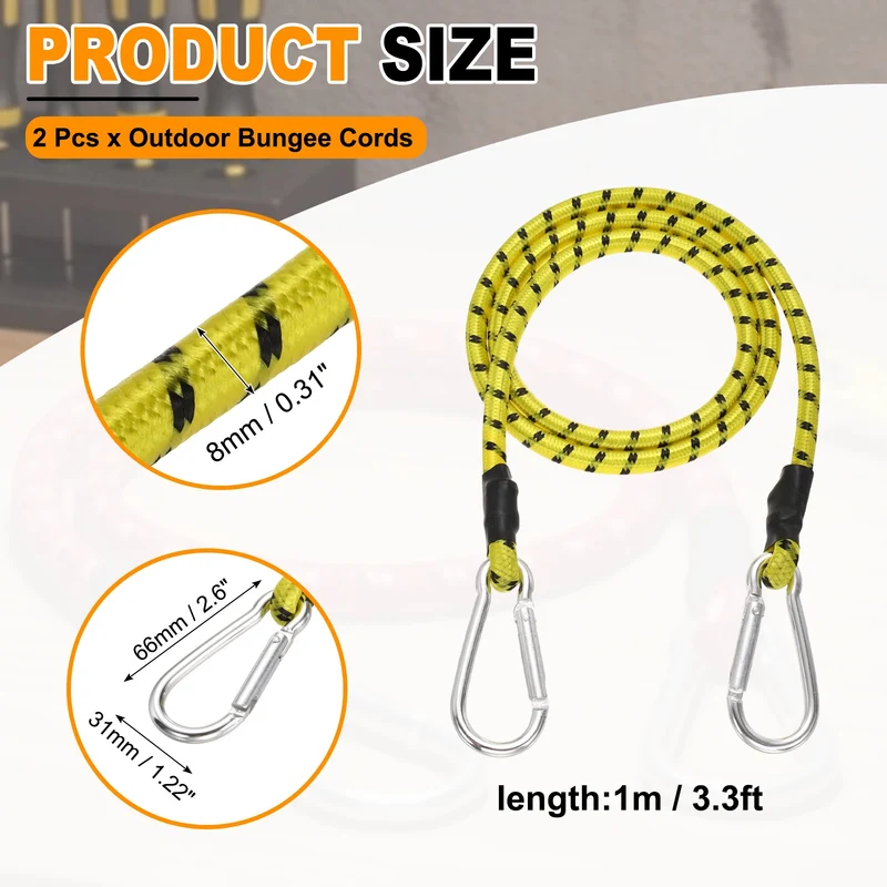 2 Pcs 3.3ft Elastic Bungee Cords with Carabiners Outdoor Bungee Cords Yellow