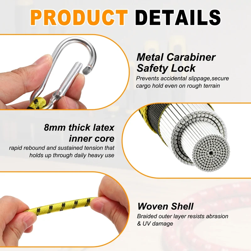2 Pcs 3.3ft Elastic Bungee Cords with Carabiners Outdoor Bungee Cords Yellow