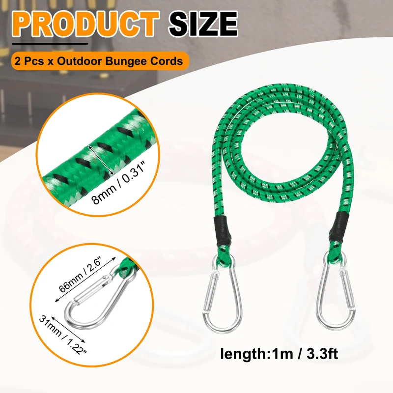 2 Pcs 3.3ft Elastic Bungee Cords with Carabiners Outdoor Bungee Cords Green