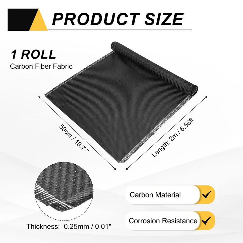 Carbon Fiber Fabric 6.56ft x 19.7" Sheet Roll 2x2 Twill Weave 3K 220g Black