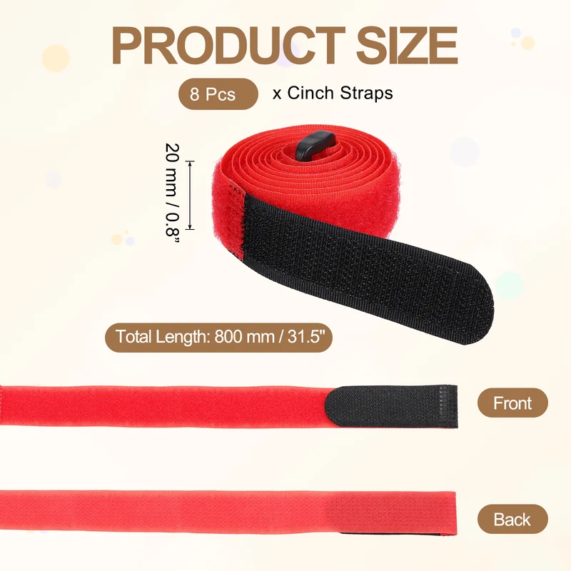 8Pcs 0.8"x31.5" Reusable Cinch Strap Hook and Loop Cable Securing Strap Red
