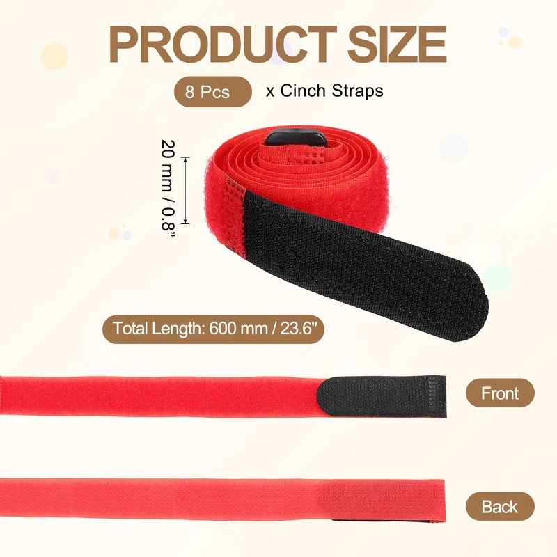 8Pcs 0.8"x23.6" Reusable Cinch Strap Hook and Loop Cable Securing Strap Red
