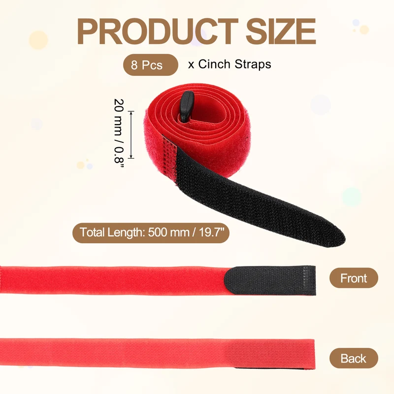 8Pcs 0.8"x19.7" Reusable Cinch Strap Hook and Loop Cable Securing Strap Red