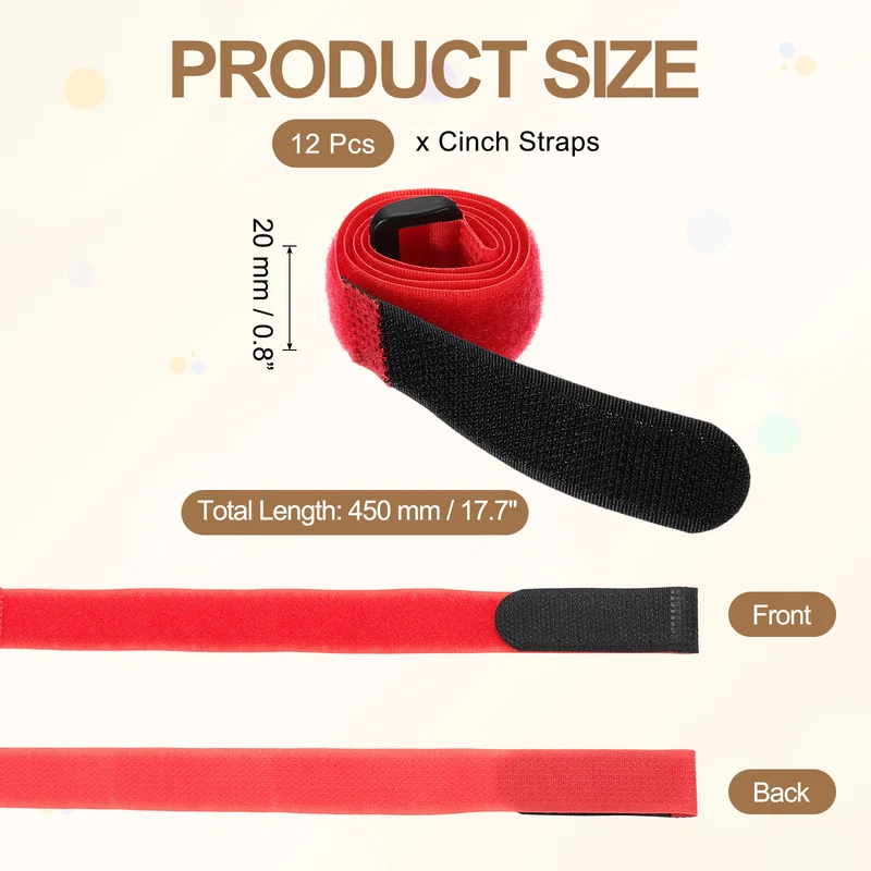 12Pcs 0.8"x17.7" Reusable Cinch Strap Hook and Loop Cable Securing Strap Red
