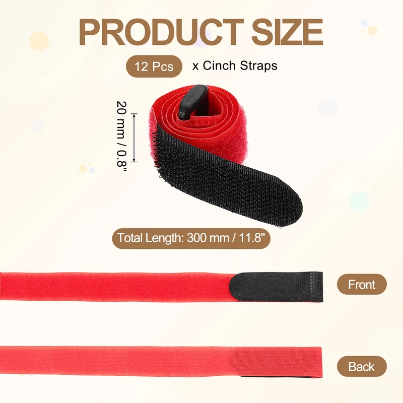 12Pcs 0.8"x11.8" Reusable Cinch Strap Hook and Loop Cable Securing Strap Red