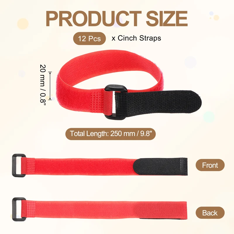 12Pcs 0.8"x9.8" Reusable Cinch Strap Hook and Loop Cable Securing Strap Red
