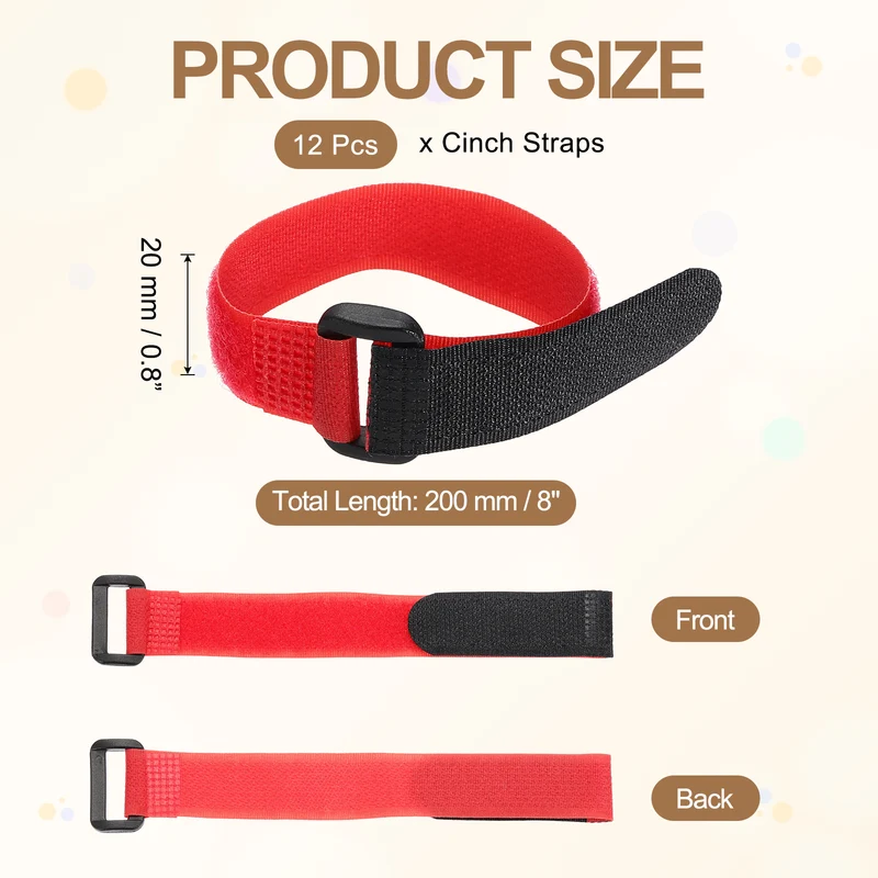 12Pcs 0.8"x8" Reusable Cinch Strap Hook and Loop Cable Securing Strap Red
