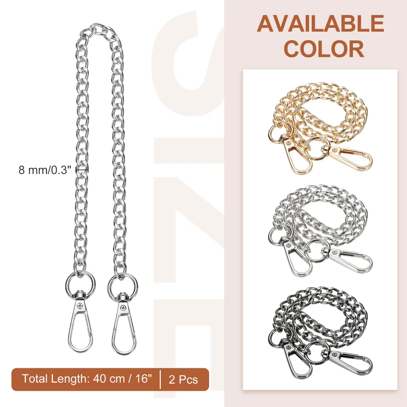 2Pcs 16" Purse Chain Strap Iron Bag Strap Replacement for Handbag Clutch Silver