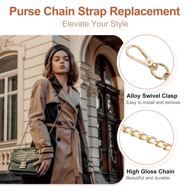 2Pcs 16" Purse Chain Strap Iron Bag Strap Replacement for Handbag Clutch Gold