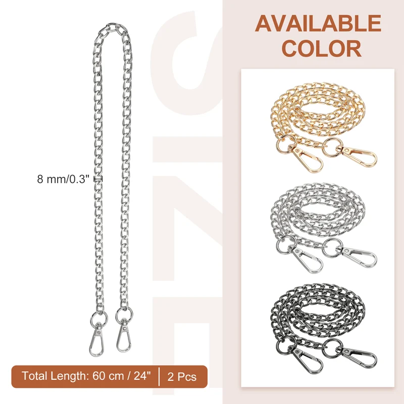 2Pcs 24" Purse Chain Strap Iron Bag Strap Replacement for Handbag Clutch Silver