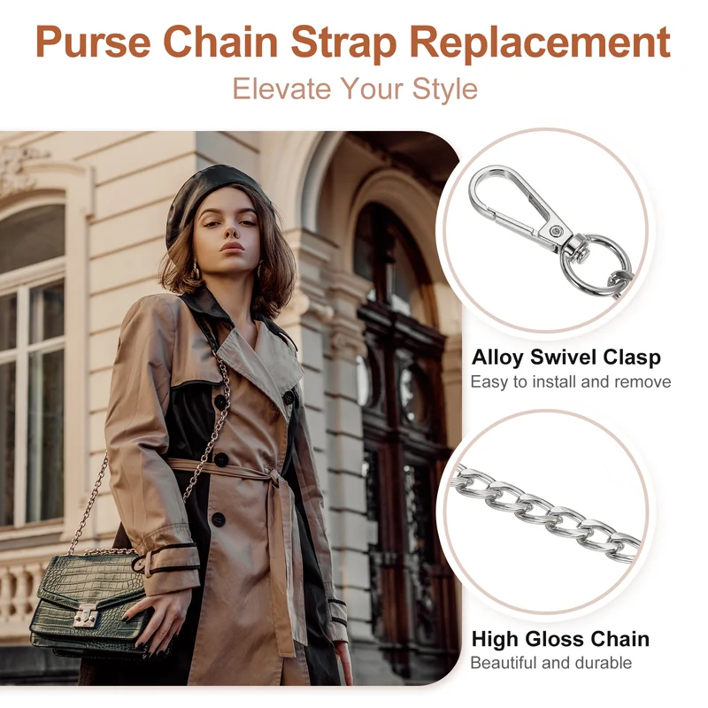 2Pcs 24" Purse Chain Strap Iron Bag Strap Replacement for Handbag Clutch Silver